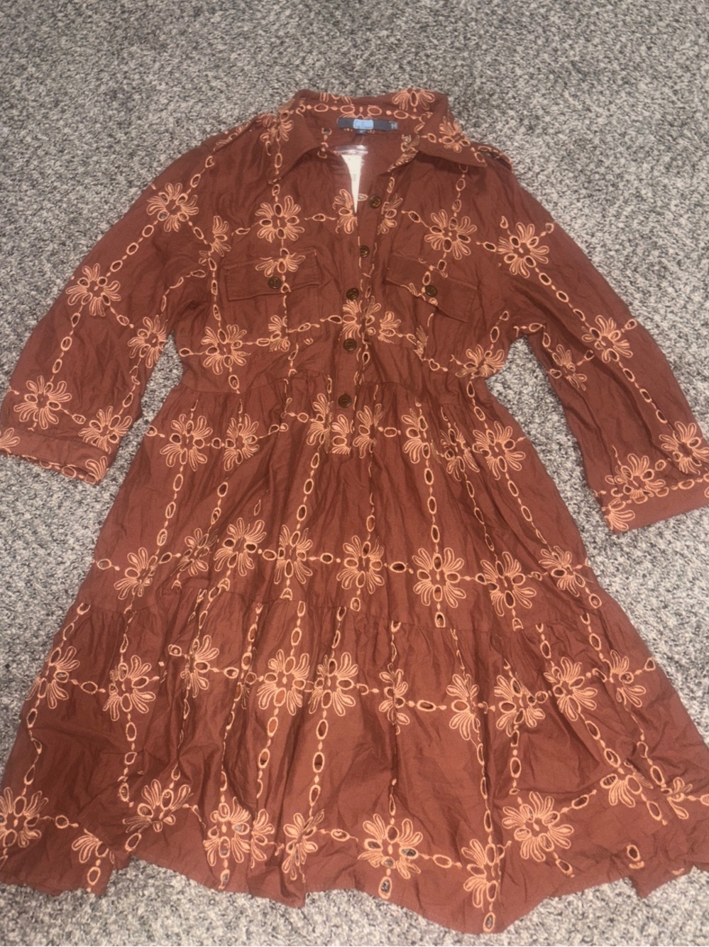Eva Franco Rust Brown Embroidered Tiered Button-Front Dress